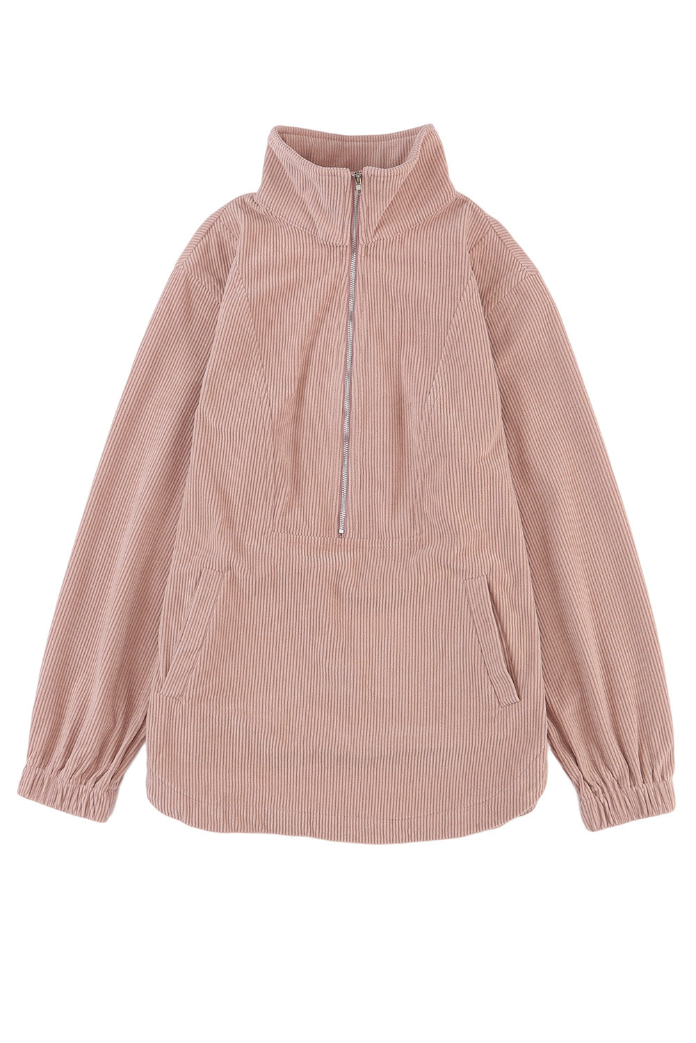 Apricot Ribbed Texture Half Zip Collared Sweatshirt