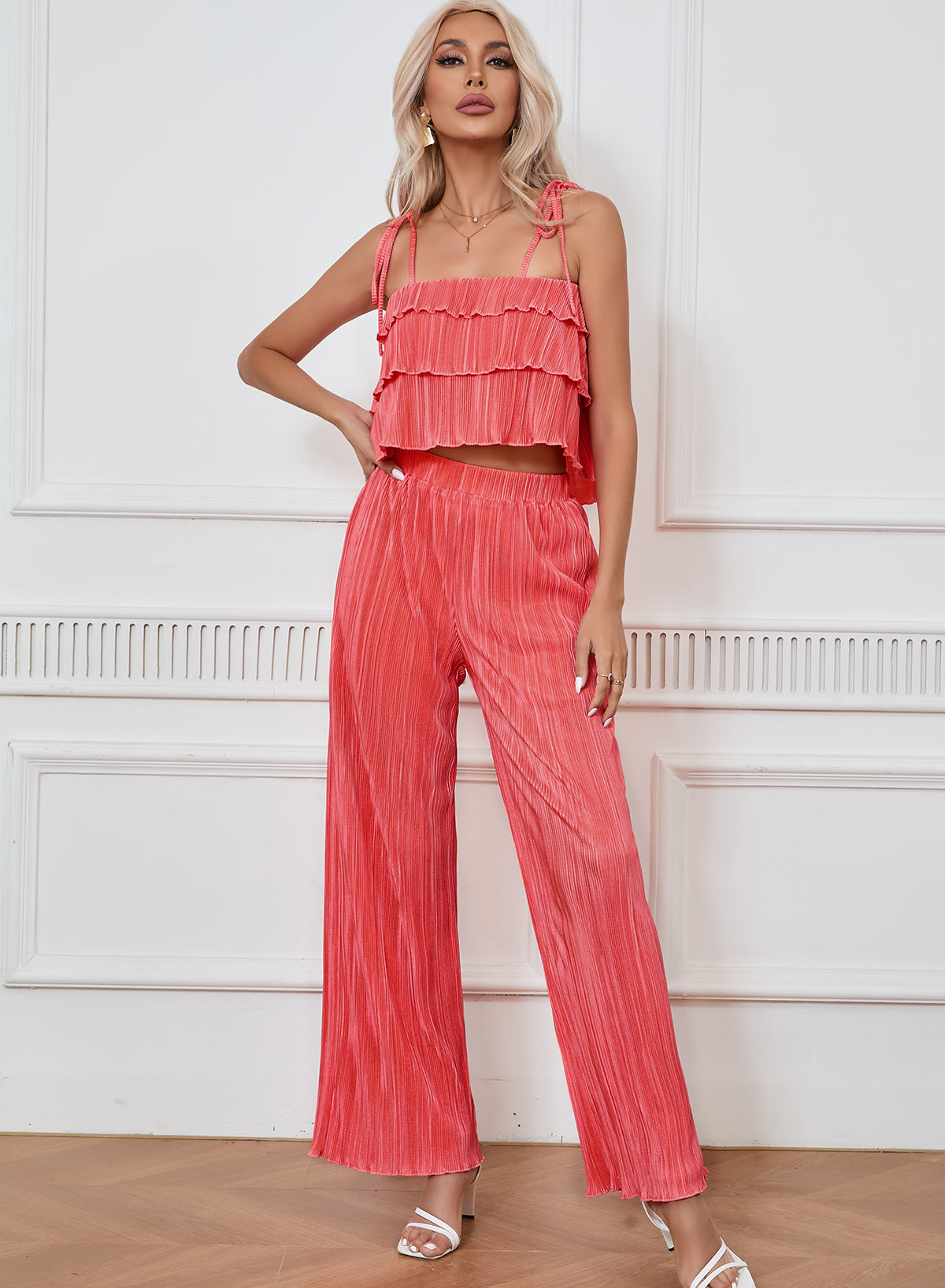Pale Chestnut Ruffle Tiered Cami Pleated Wide Leg Pants Set