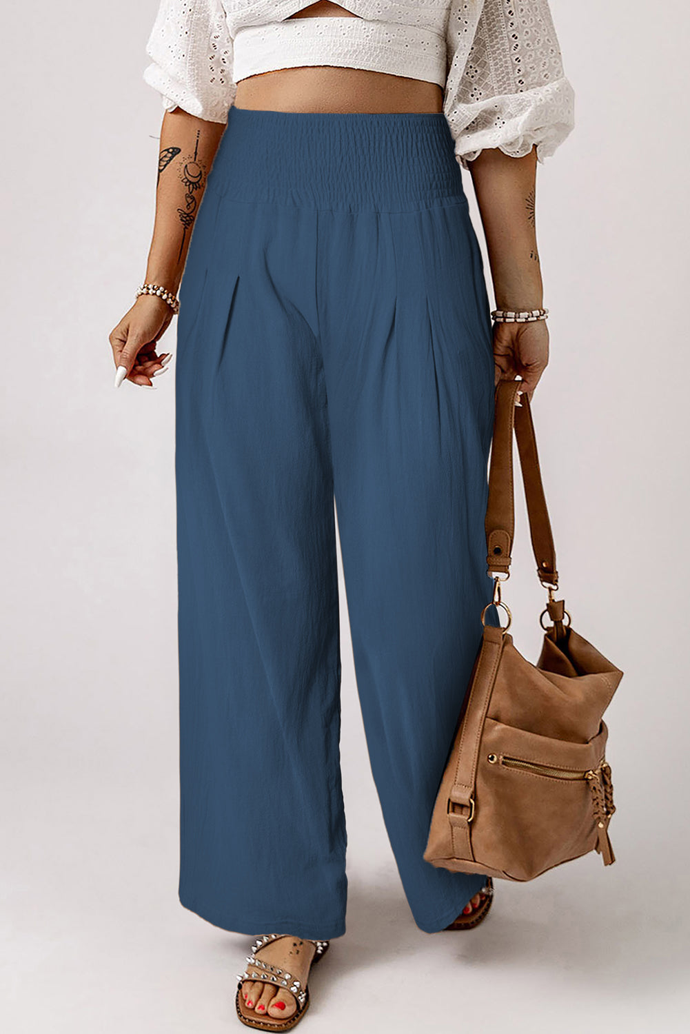 Black Smocked Wide Waistband High Waist Wide Leg Pants