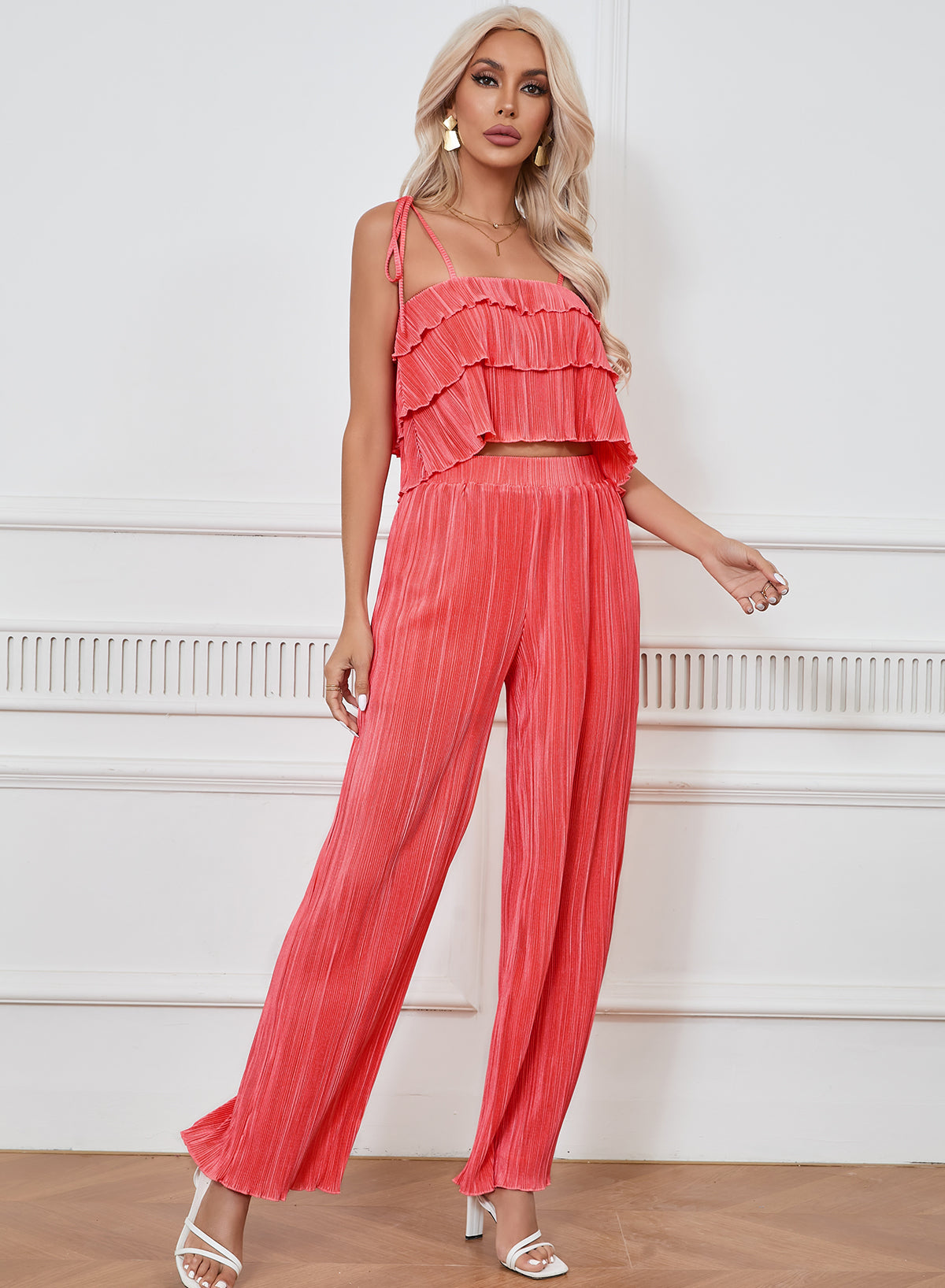 Pale Chestnut Ruffle Tiered Cami Pleated Wide Leg Pants Set