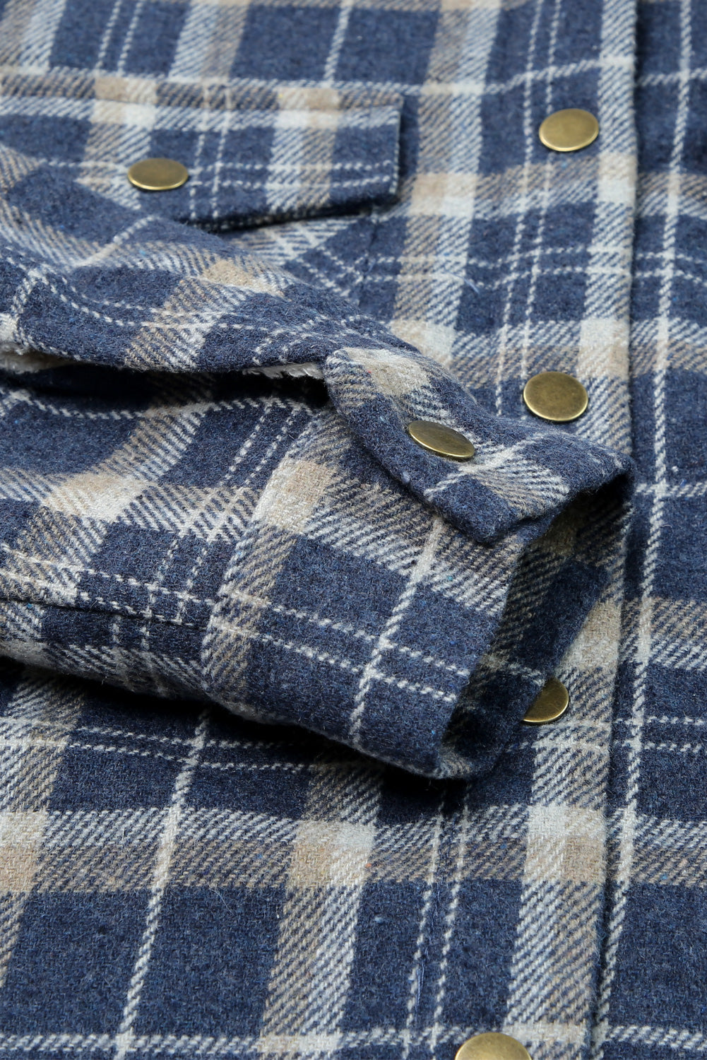 Khaki Snap Button Sherpa Lined Hooded Flannel Jacket