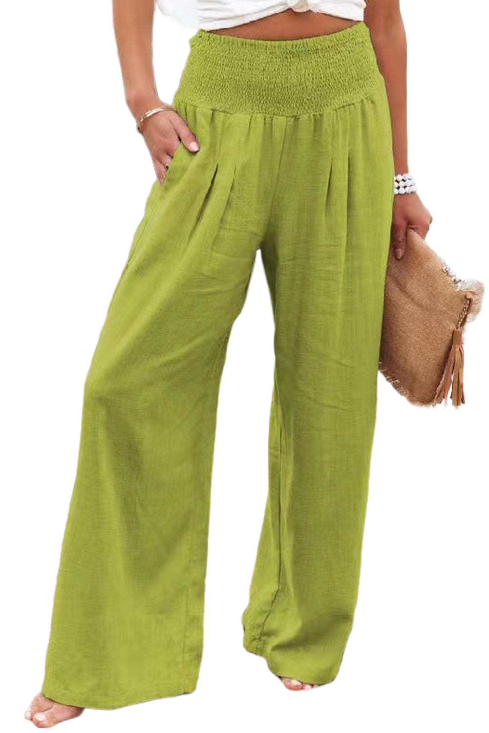 Black Smocked Wide Waistband High Waist Wide Leg Pants