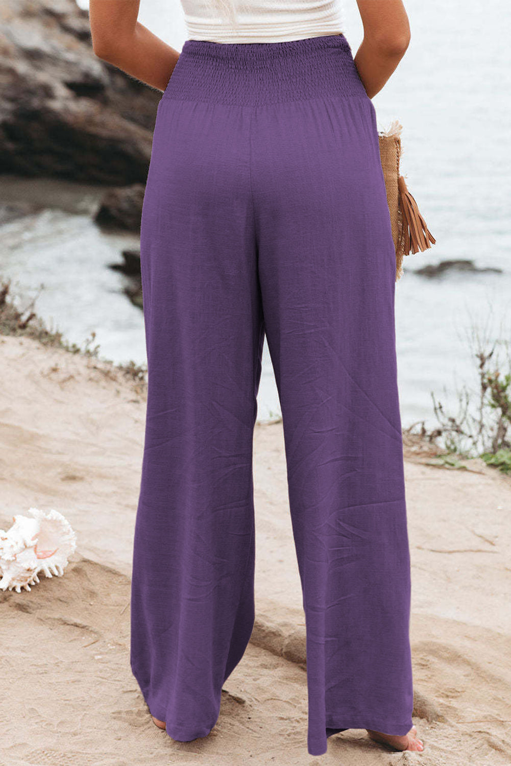 Black Smocked Wide Waistband High Waist Wide Leg Pants