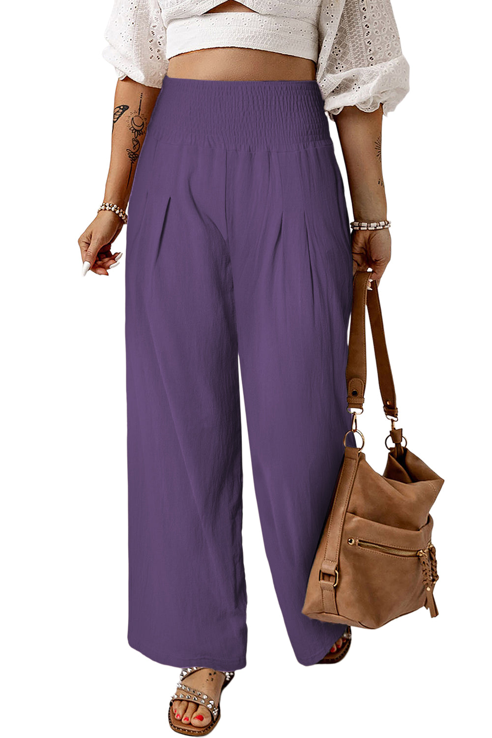 Black Smocked Wide Waistband High Waist Wide Leg Pants