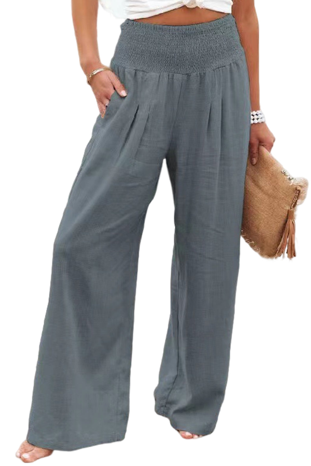 Black Smocked Wide Waistband High Waist Wide Leg Pants