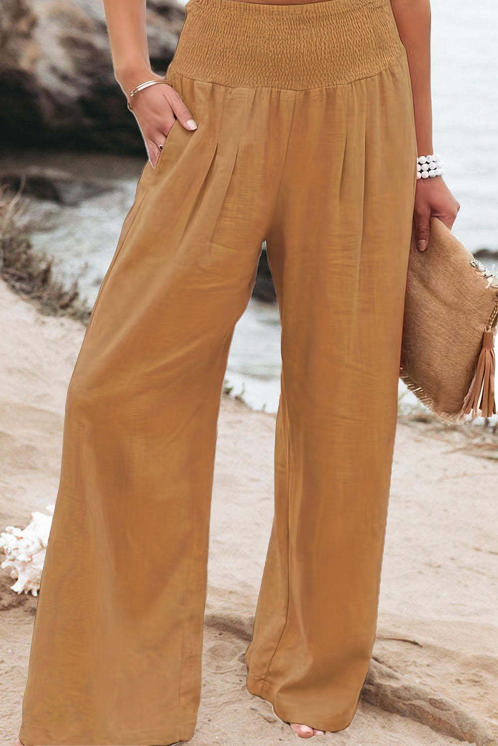 Black Smocked Wide Waistband High Waist Wide Leg Pants
