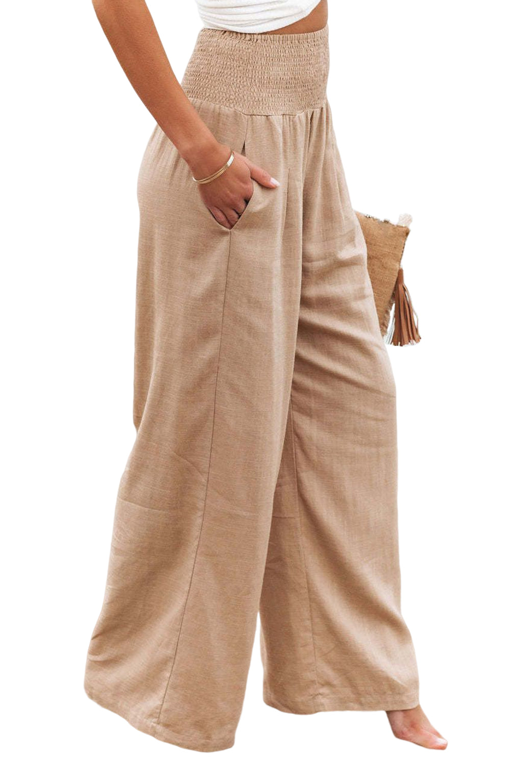Black Smocked Wide Waistband High Waist Wide Leg Pants