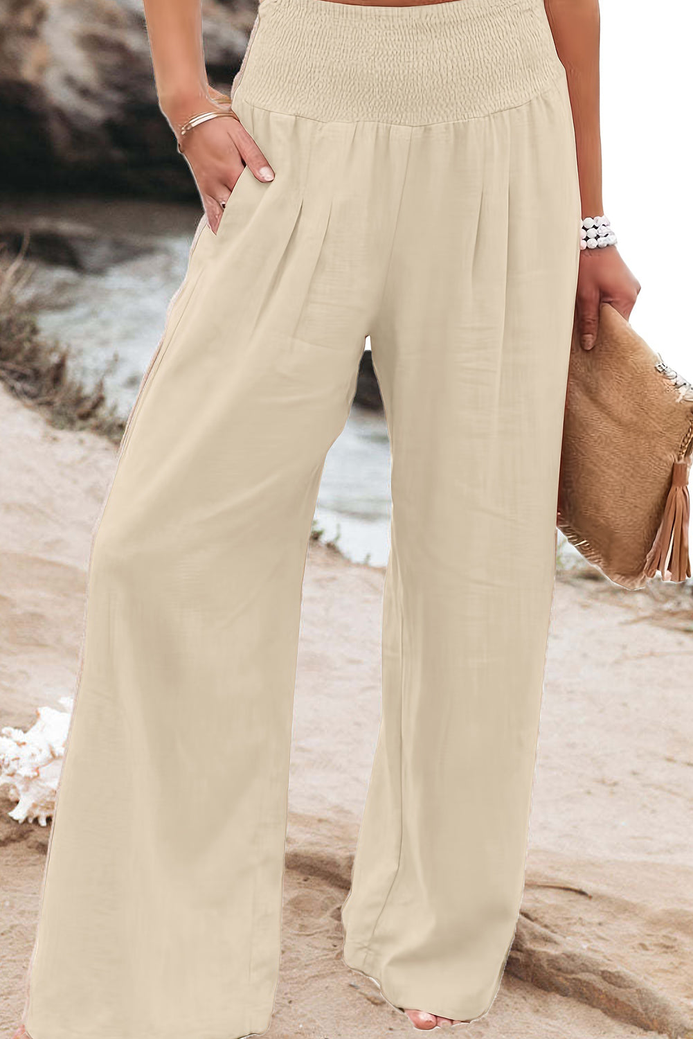 Black Smocked Wide Waistband High Waist Wide Leg Pants