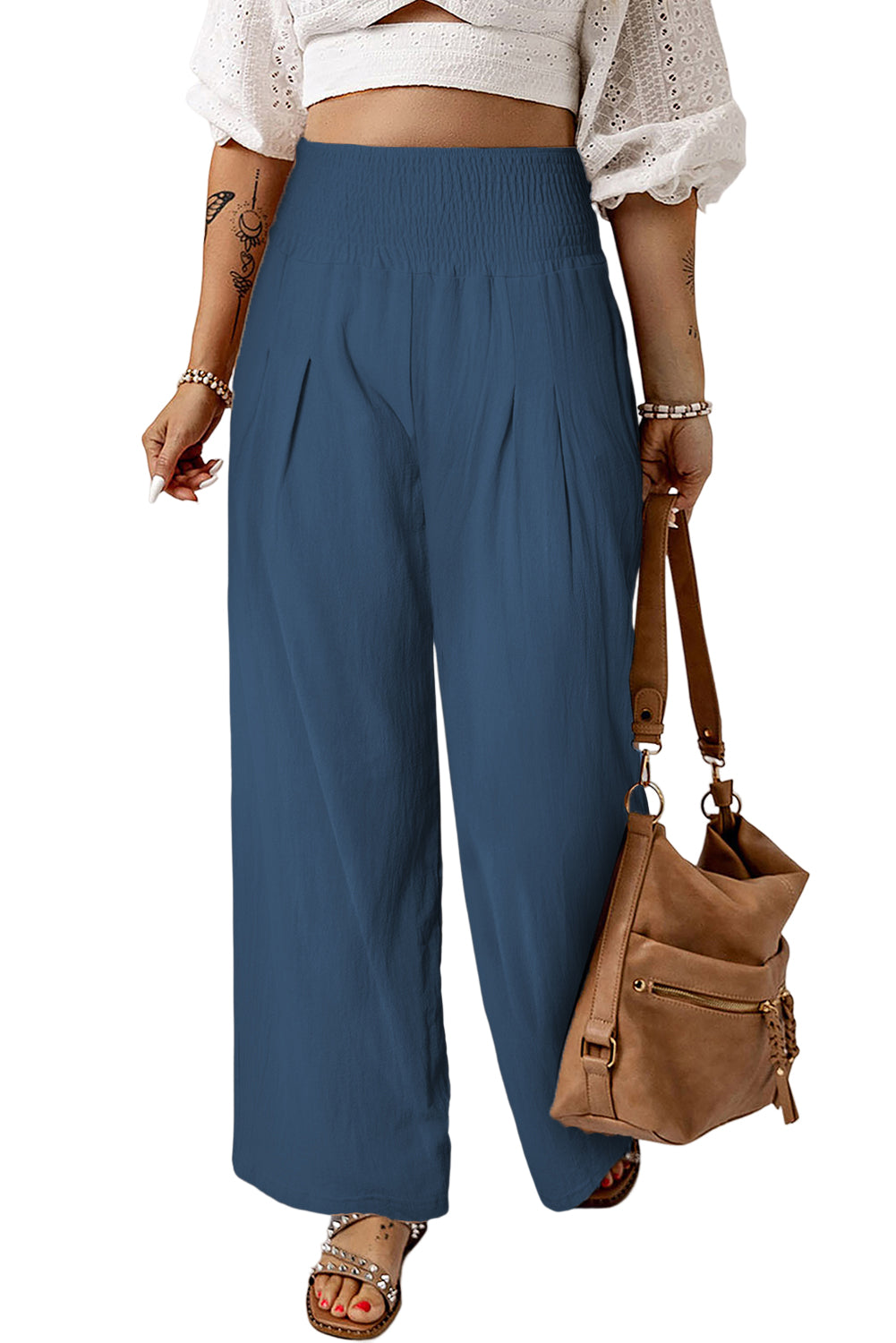 Black Smocked Wide Waistband High Waist Wide Leg Pants