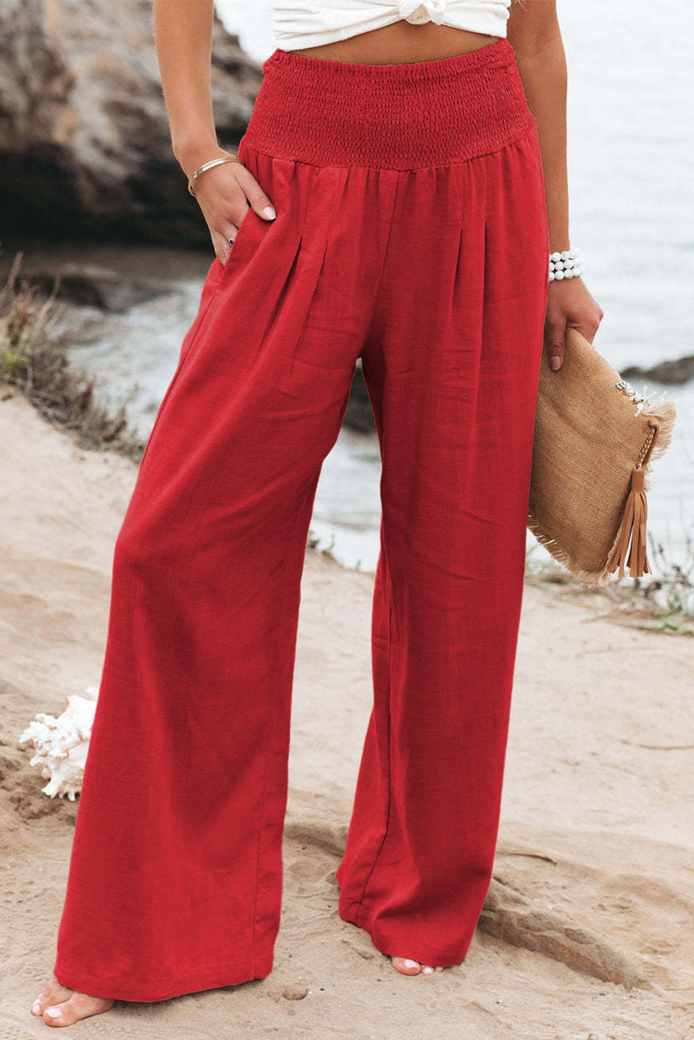 Black Smocked Wide Waistband High Waist Wide Leg Pants