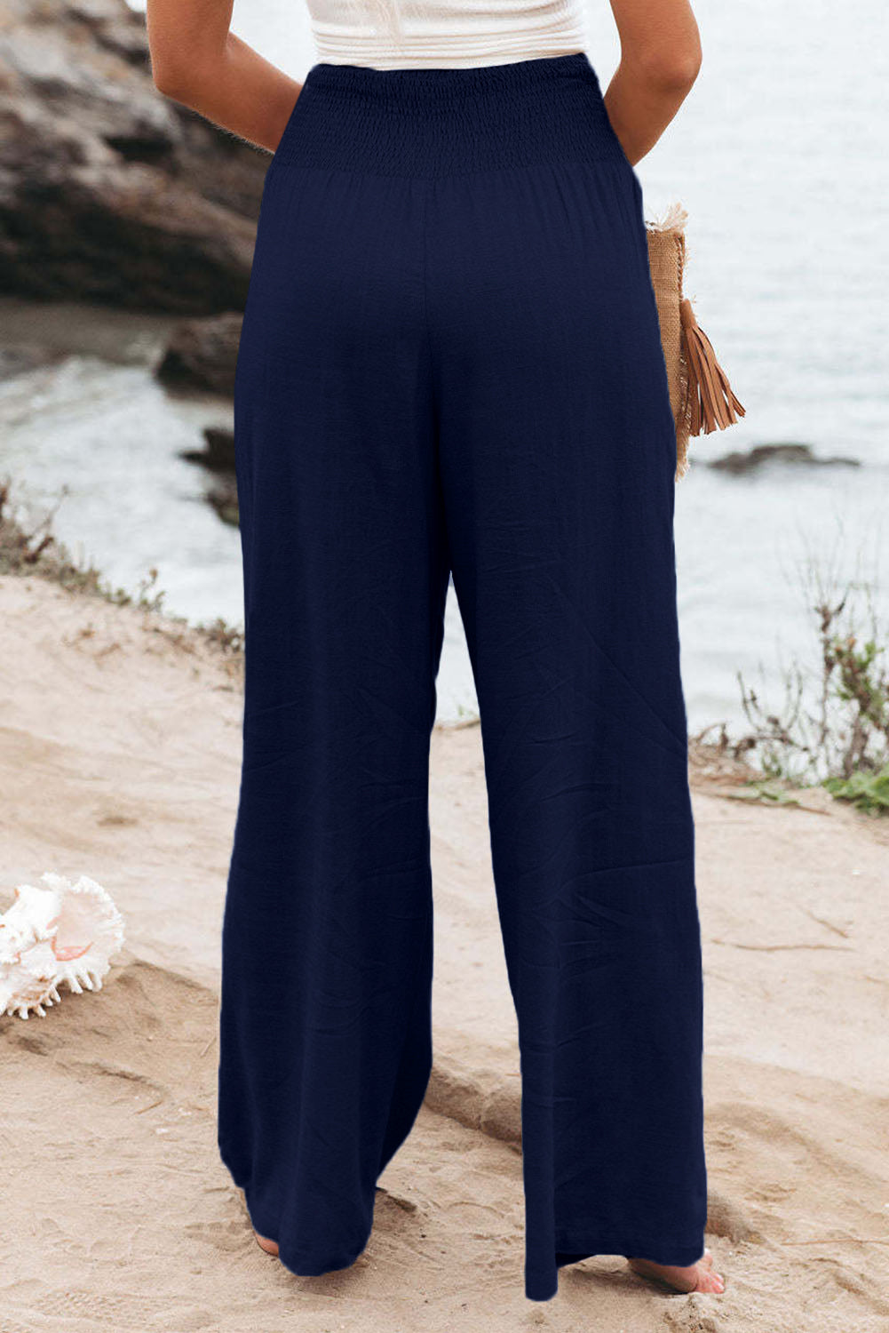 Black Smocked Wide Waistband High Waist Wide Leg Pants