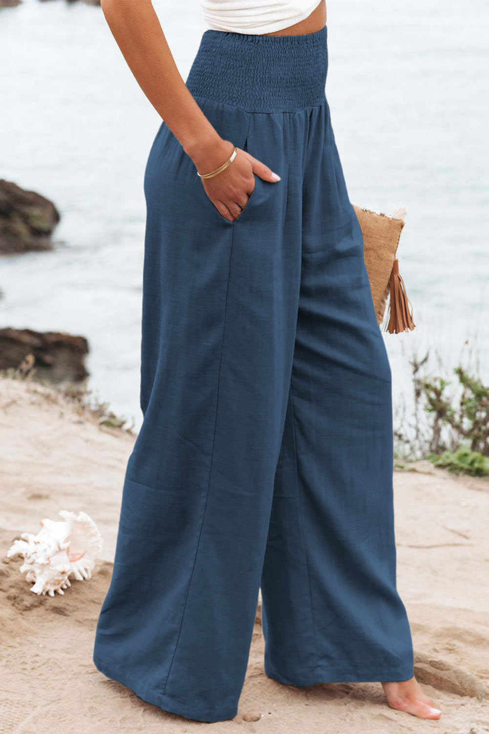 Black Smocked Wide Waistband High Waist Wide Leg Pants