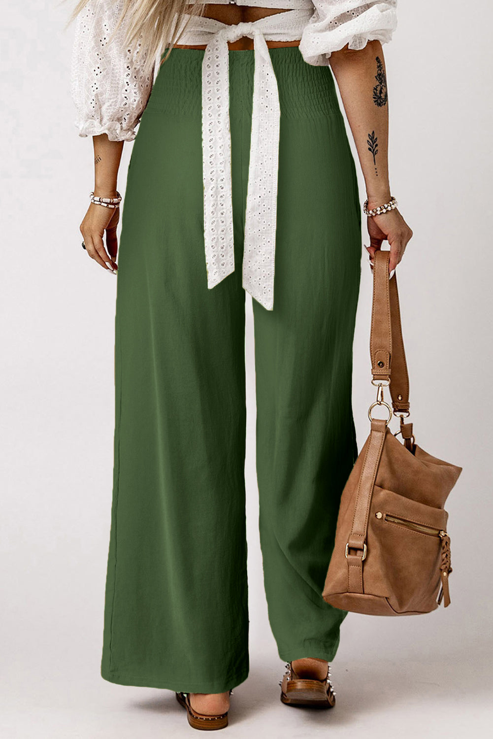 Black Smocked Wide Waistband High Waist Wide Leg Pants