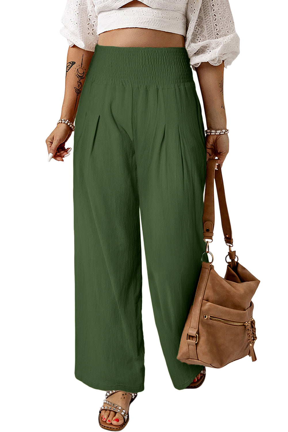 Black Smocked Wide Waistband High Waist Wide Leg Pants