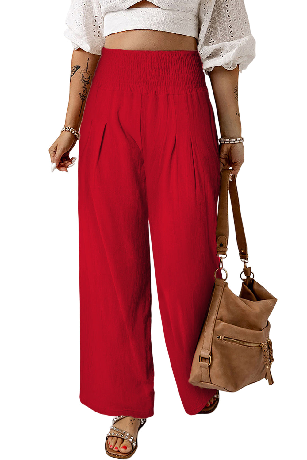 Black Smocked Wide Waistband High Waist Wide Leg Pants