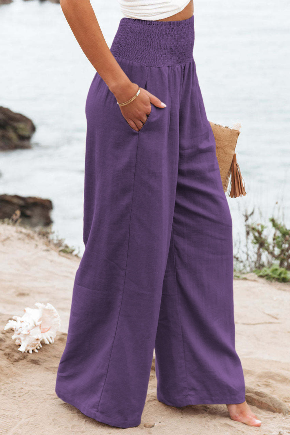 Black Smocked Wide Waistband High Waist Wide Leg Pants