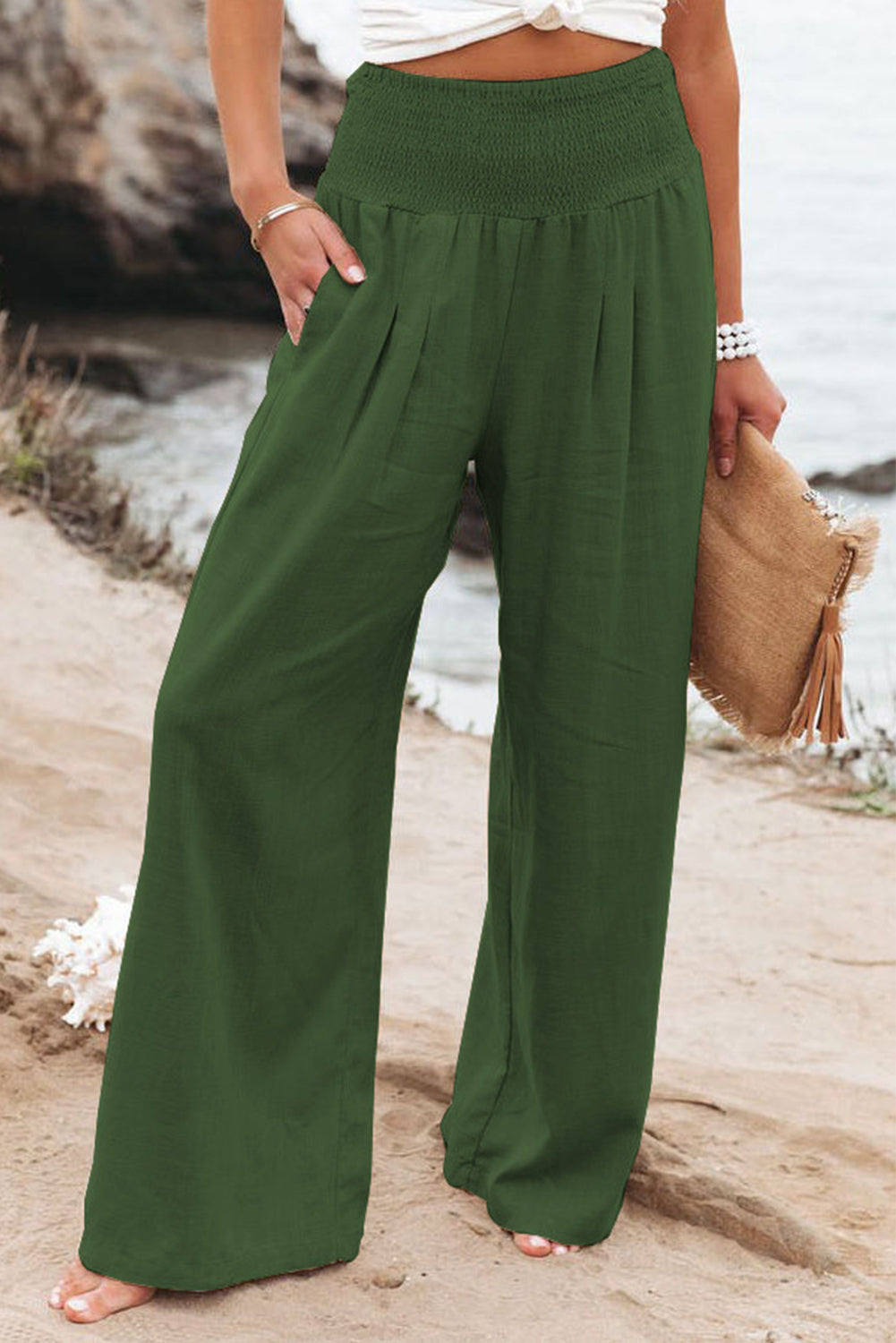 Black Smocked Wide Waistband High Waist Wide Leg Pants