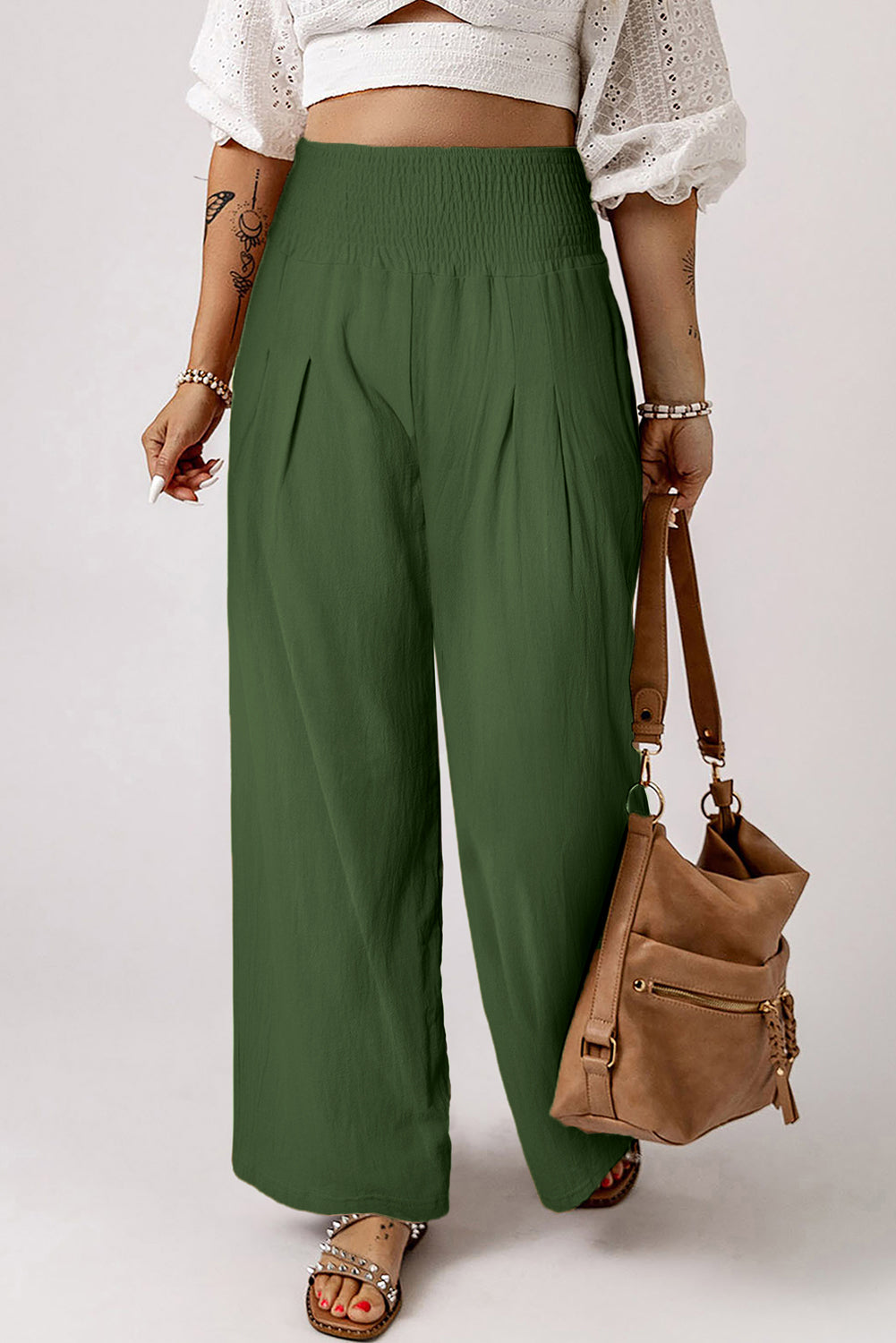 Black Smocked Wide Waistband High Waist Wide Leg Pants