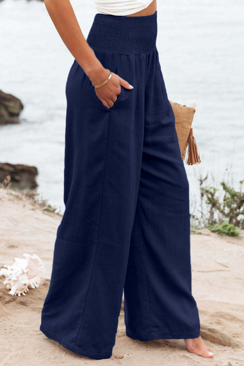Black Smocked Wide Waistband High Waist Wide Leg Pants