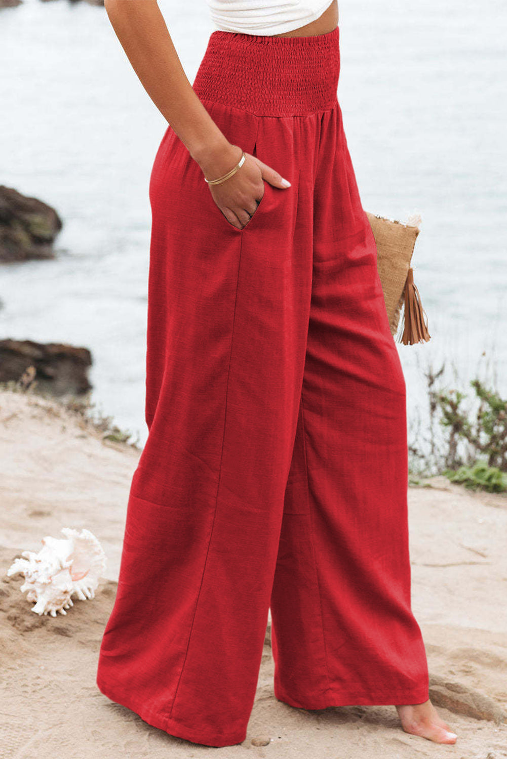 Black Smocked Wide Waistband High Waist Wide Leg Pants