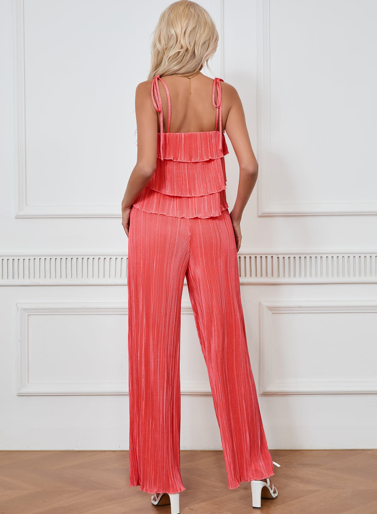 Pale Chestnut Ruffle Tiered Cami Pleated Wide Leg Pants Set