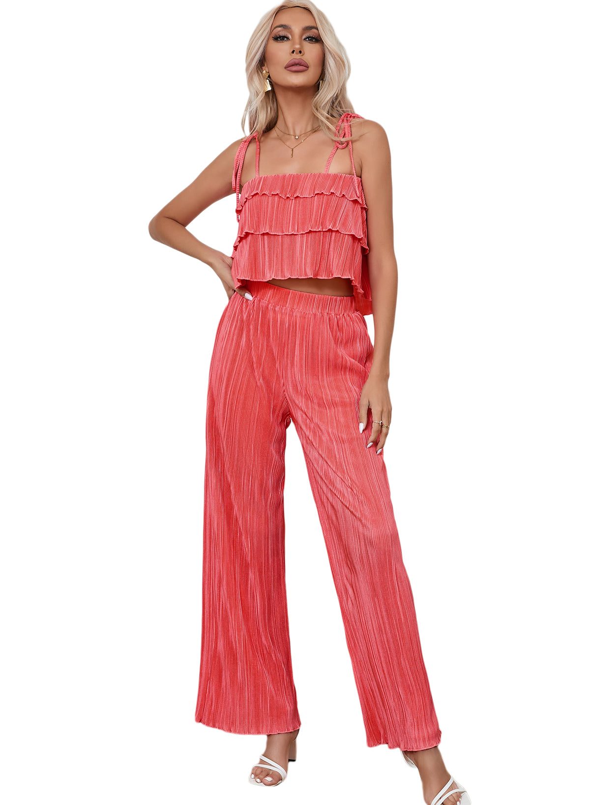 Pale Chestnut Ruffle Tiered Cami Pleated Wide Leg Pants Set