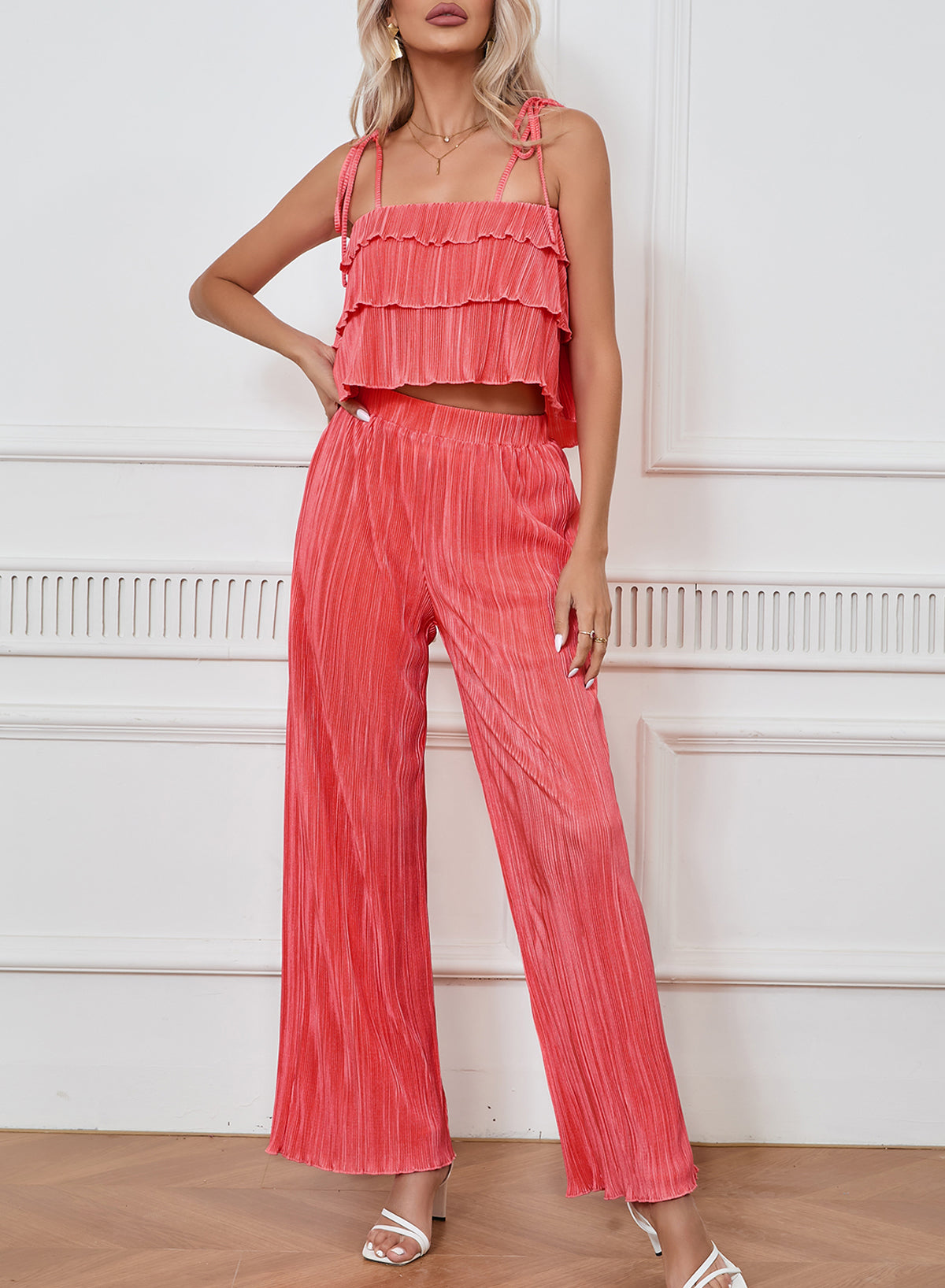 Pale Chestnut Ruffle Tiered Cami Pleated Wide Leg Pants Set