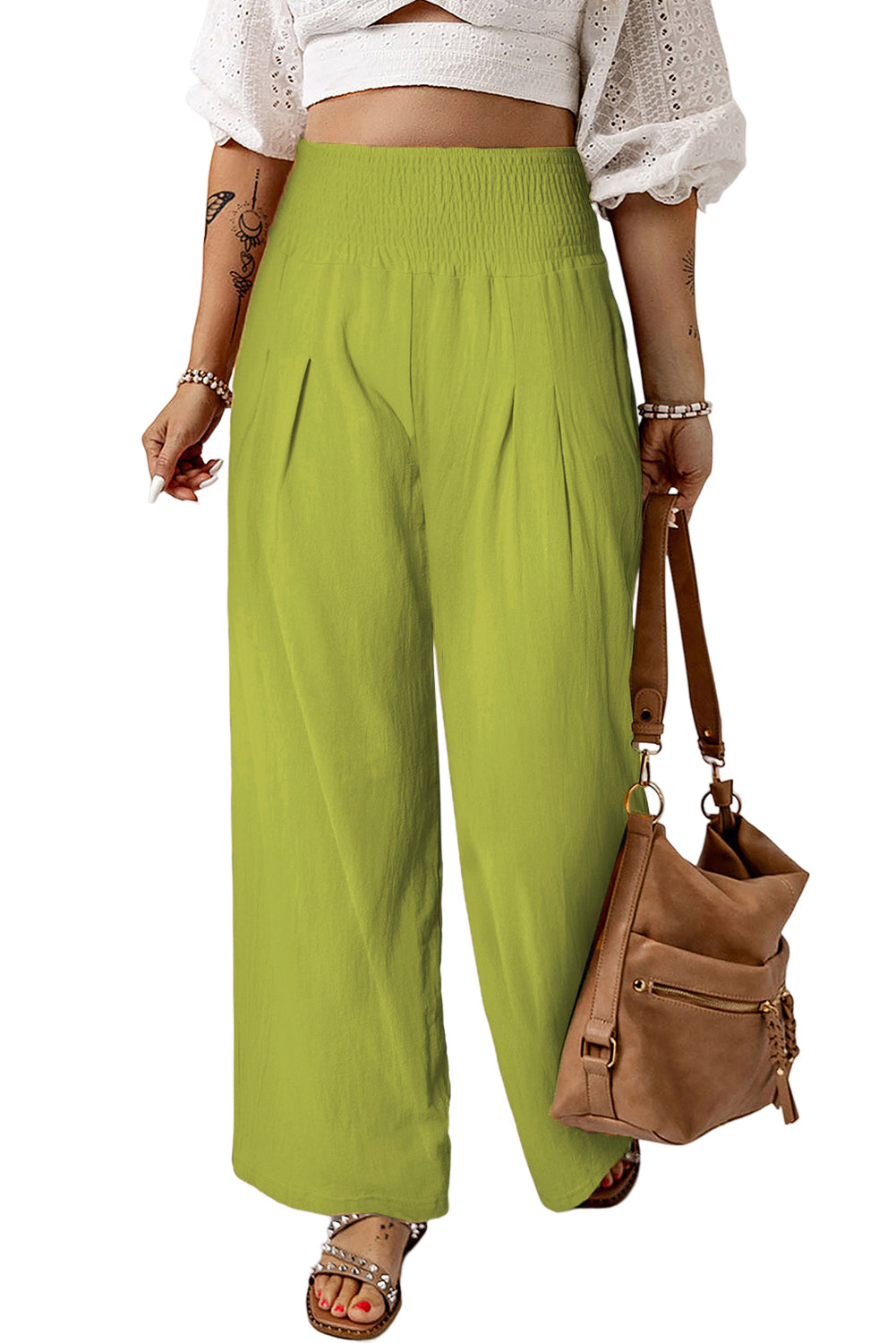 Black Smocked Wide Waistband High Waist Wide Leg Pants