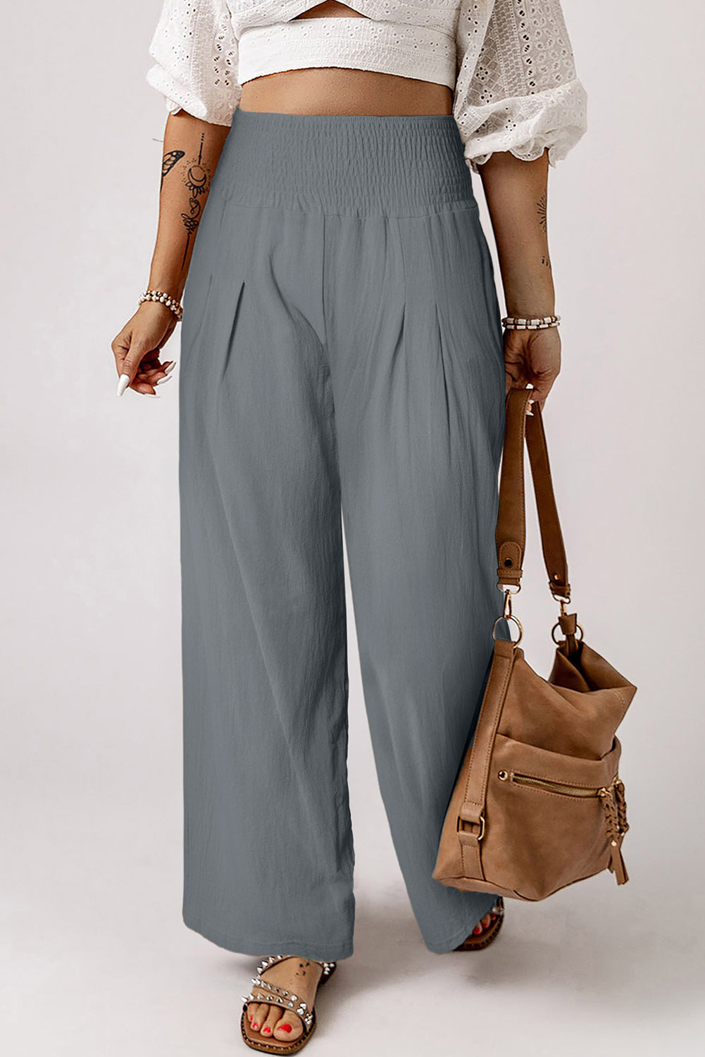 Black Smocked Wide Waistband High Waist Wide Leg Pants