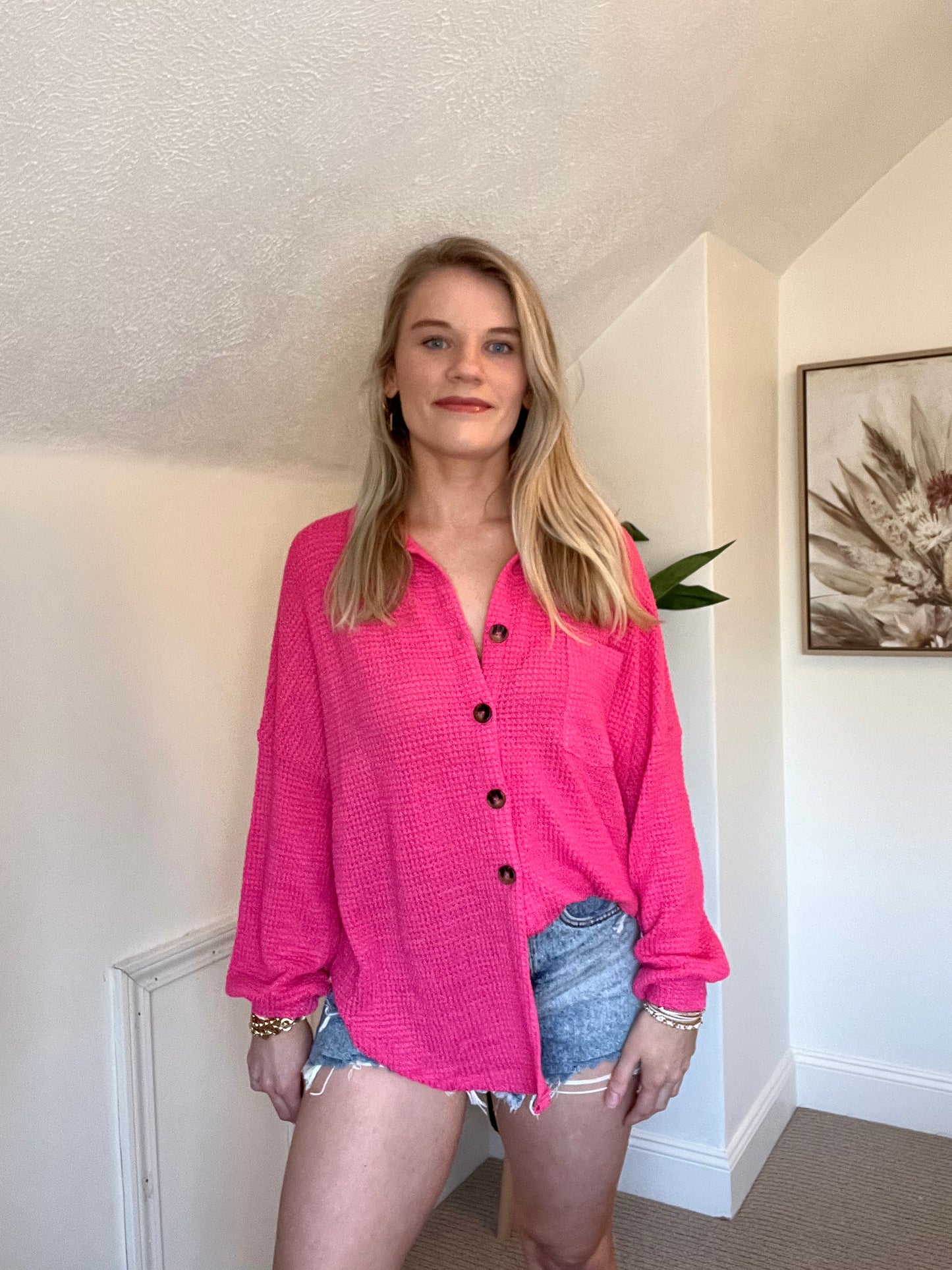 Pink Waffle Knit Button Up