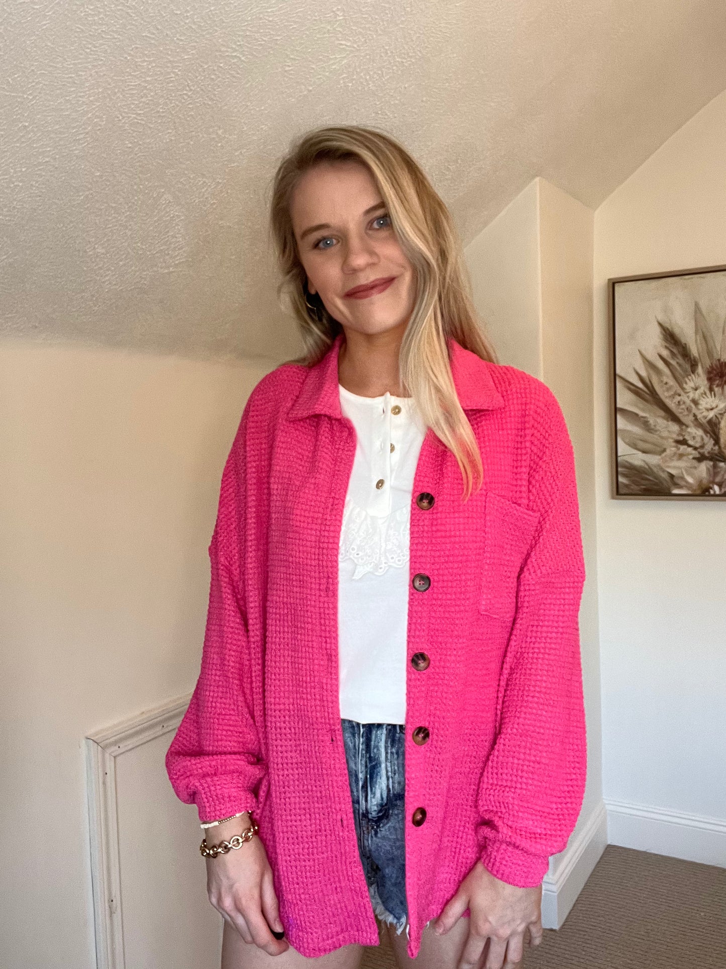 Pink Waffle Knit Button Up