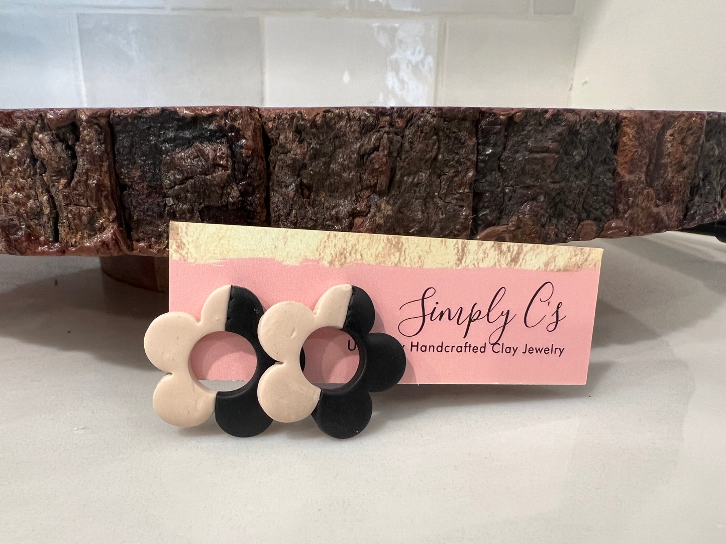 Black and Beige Flower Earrings