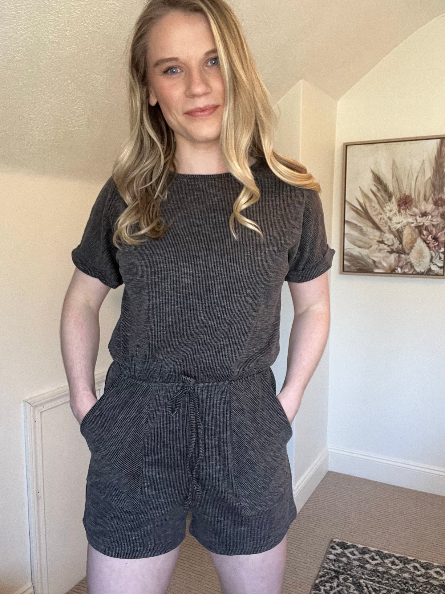 Gray Ribbed Elastic Waist Romper