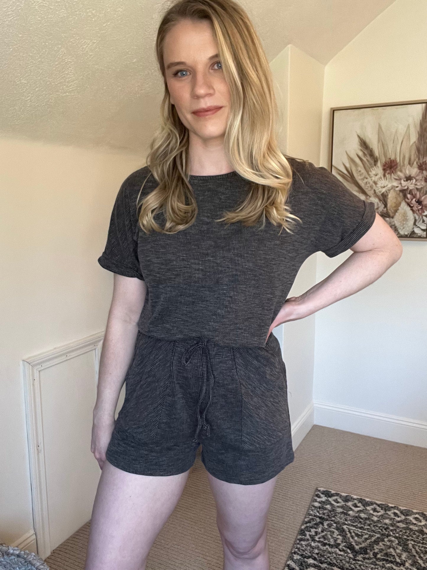 Gray Ribbed Elastic Waist Romper