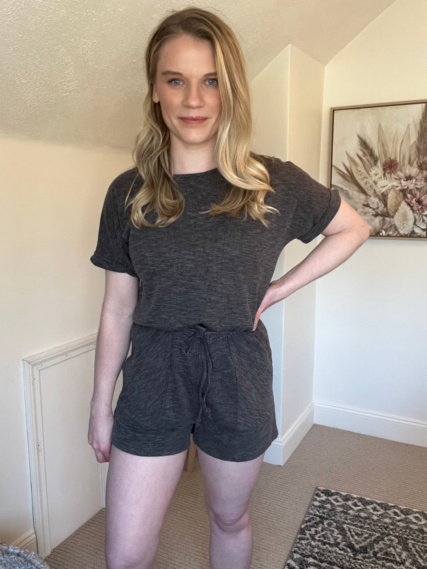 Gray Ribbed Elastic Waist Romper